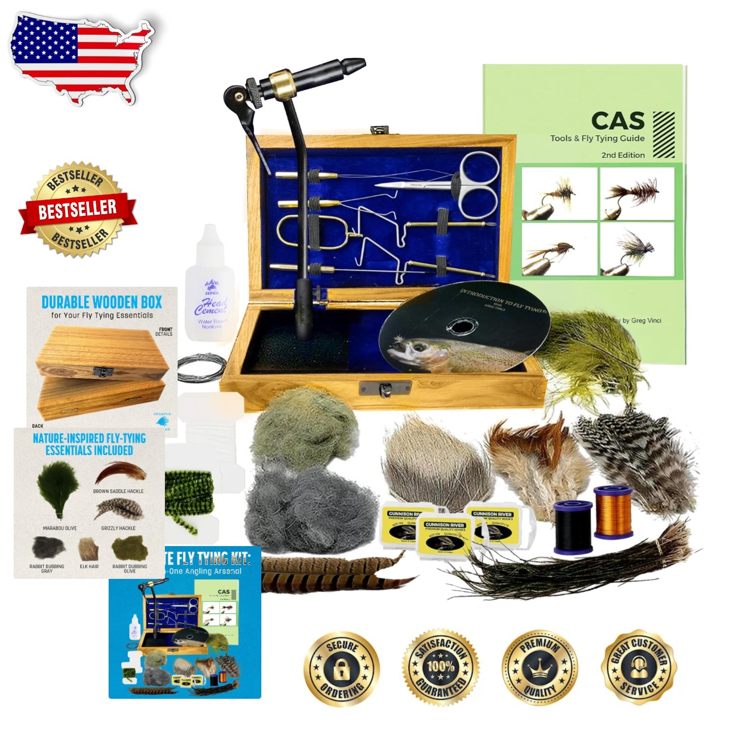 Z797 Fly Tying Starter Kit: Rotary Vise, Wood Box, Essential Tools, Materials