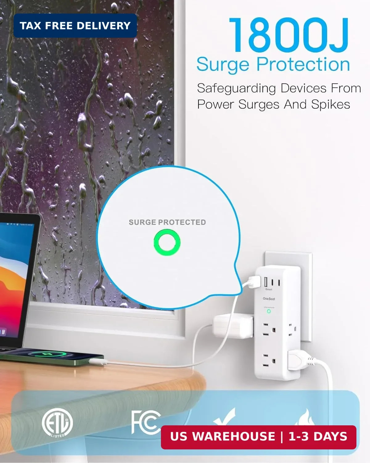 Surge Protector Outlet Extender - with Rotating Plug, 6 AC Multi Plug Outlet wit