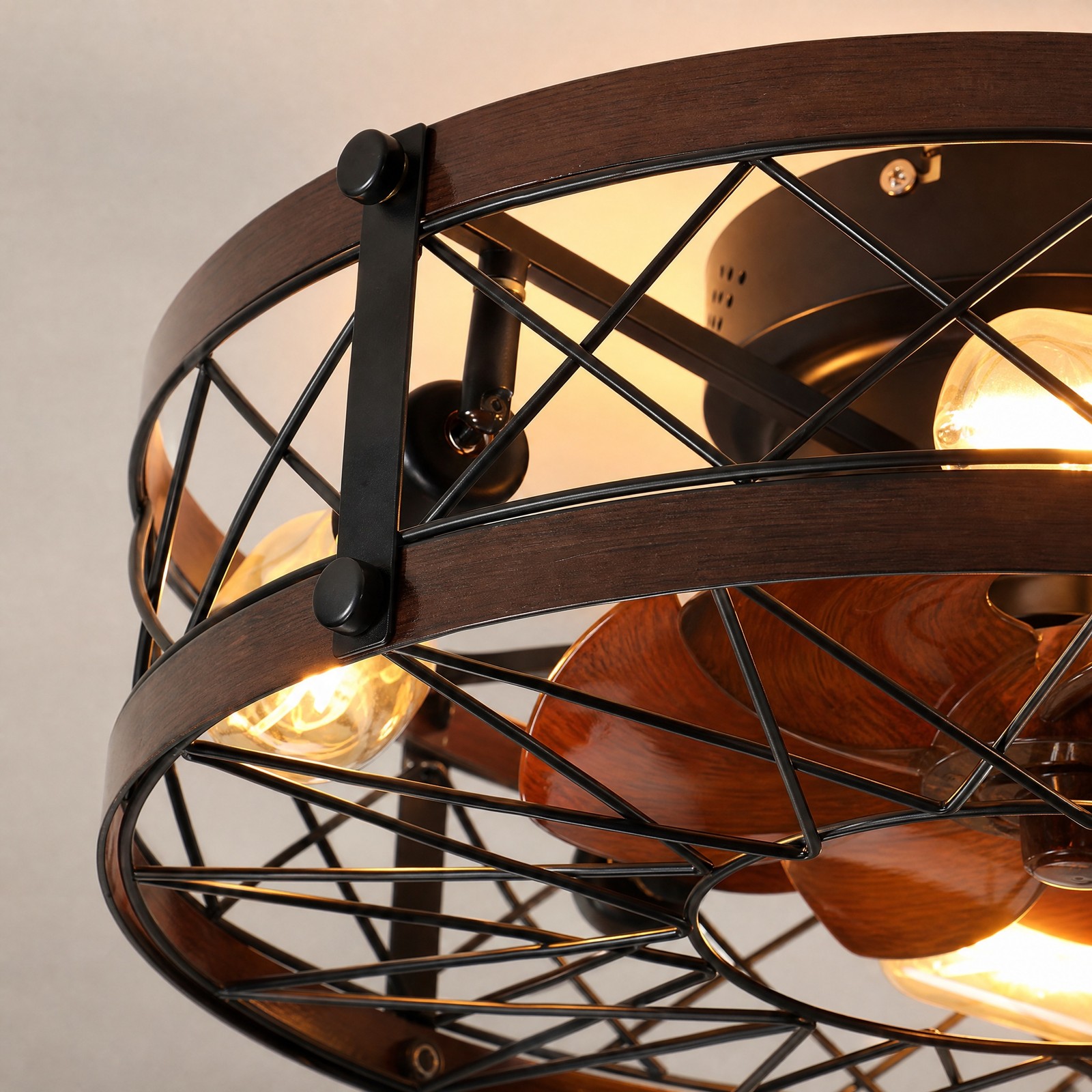 20 inch Rustic Black Caged LED Ceiling Fan with Light Flush Mount Remote Control