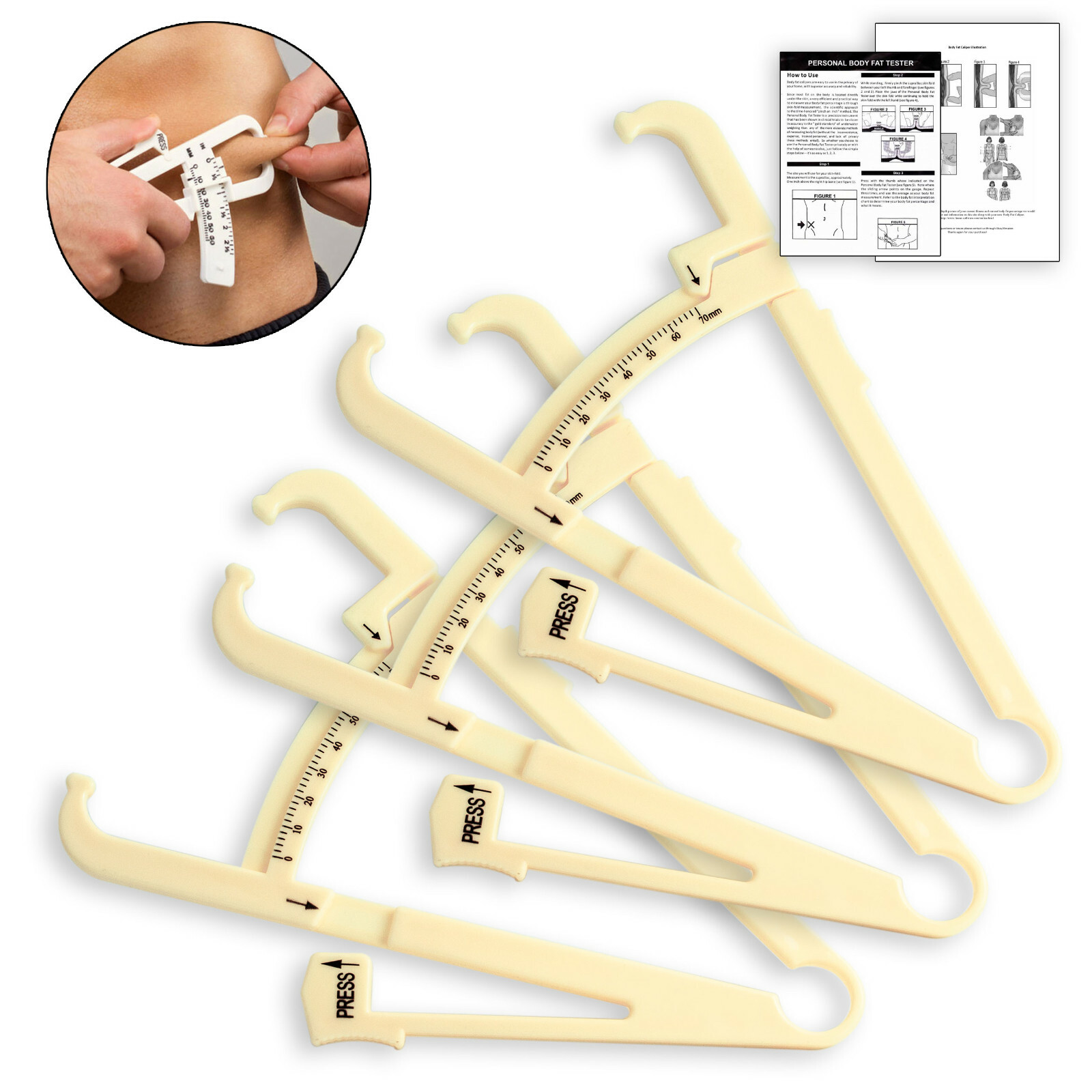 3pc Body Fat Caliper Skinfold Tester with Chart Fitness Weight Loss Muscle Mass