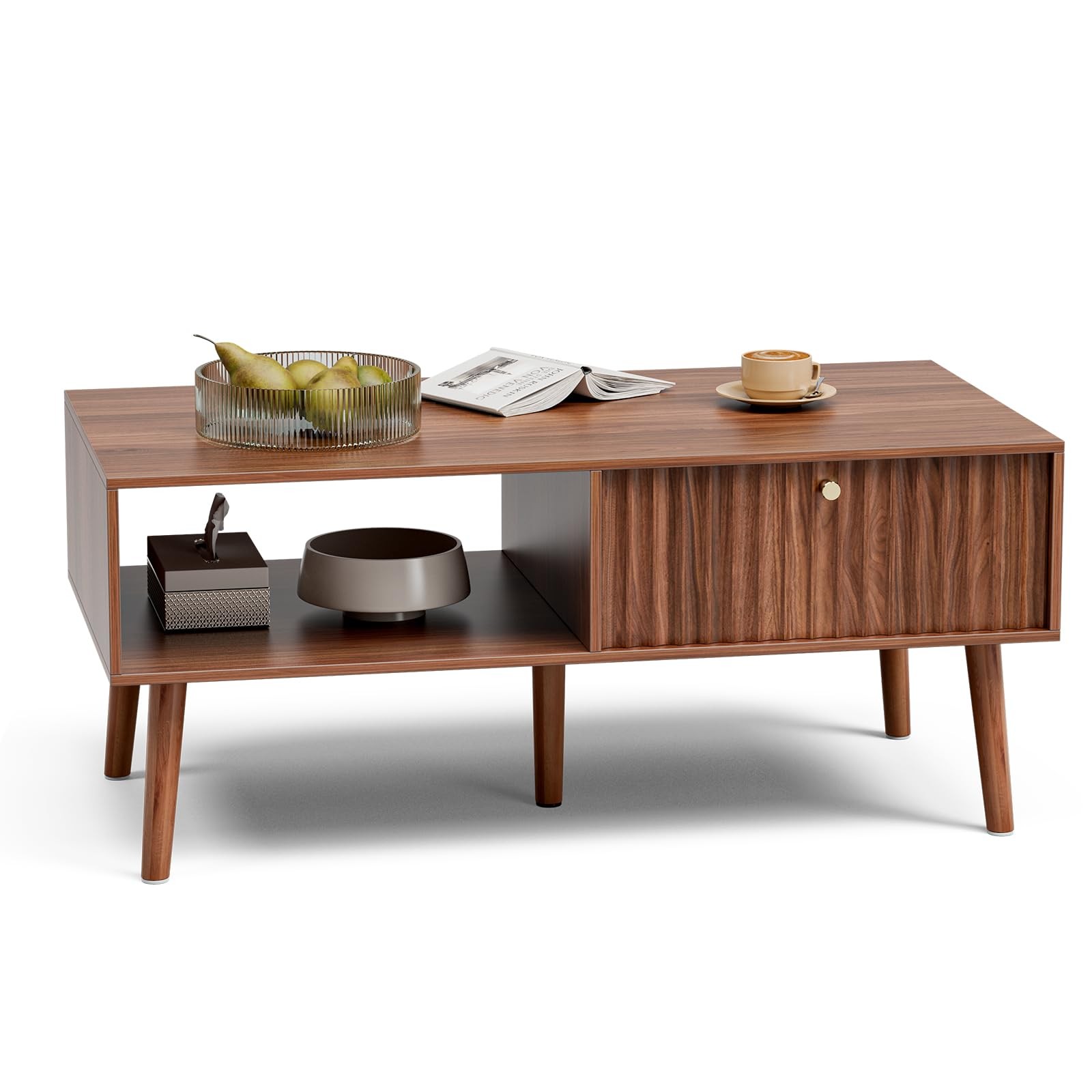 Coffee Table with Fluted Drawer, Mid-Century, Walnut