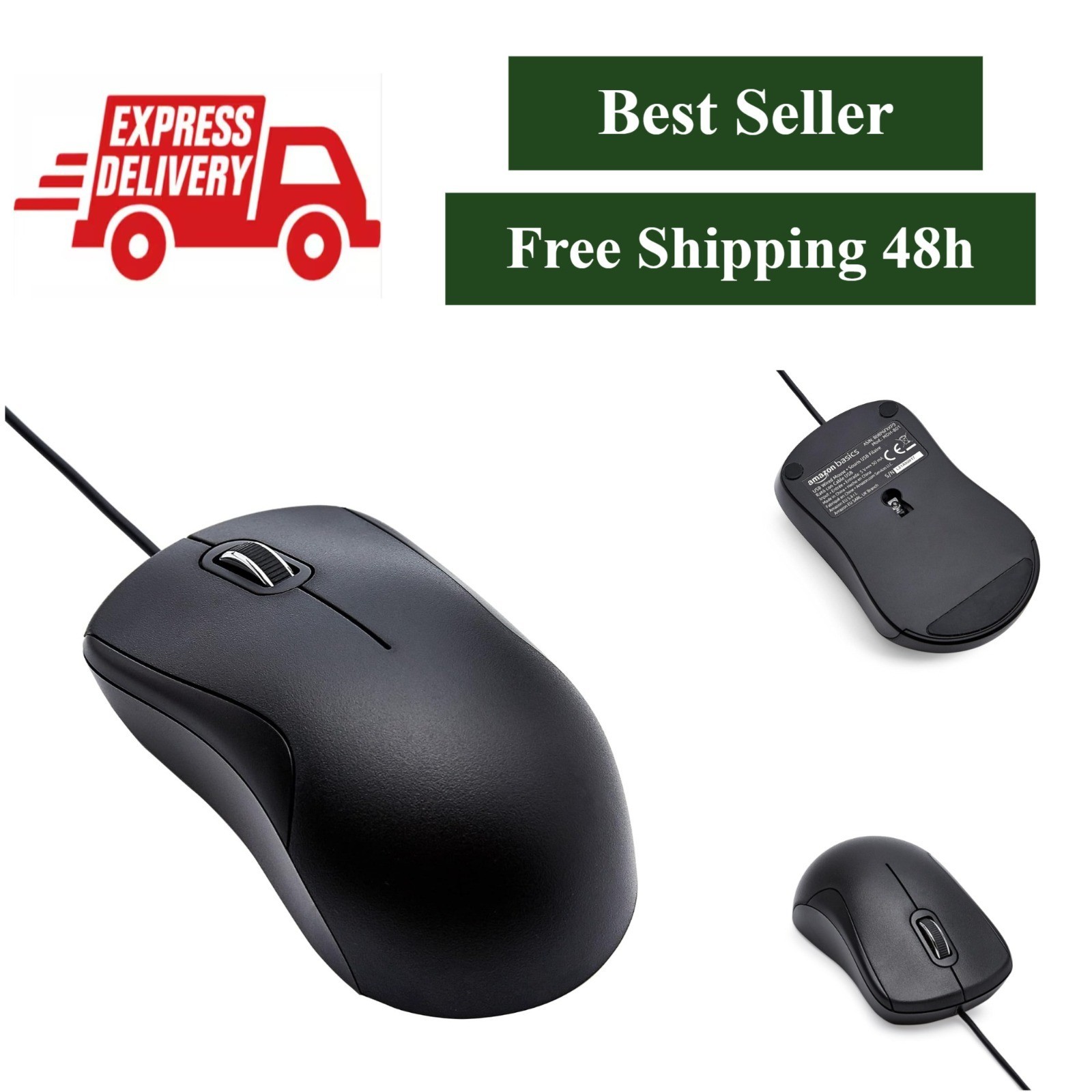 Amazon Basics 3-Button USB Wired Mouse, 1000 DPI, Ergonomic Grip, Black
