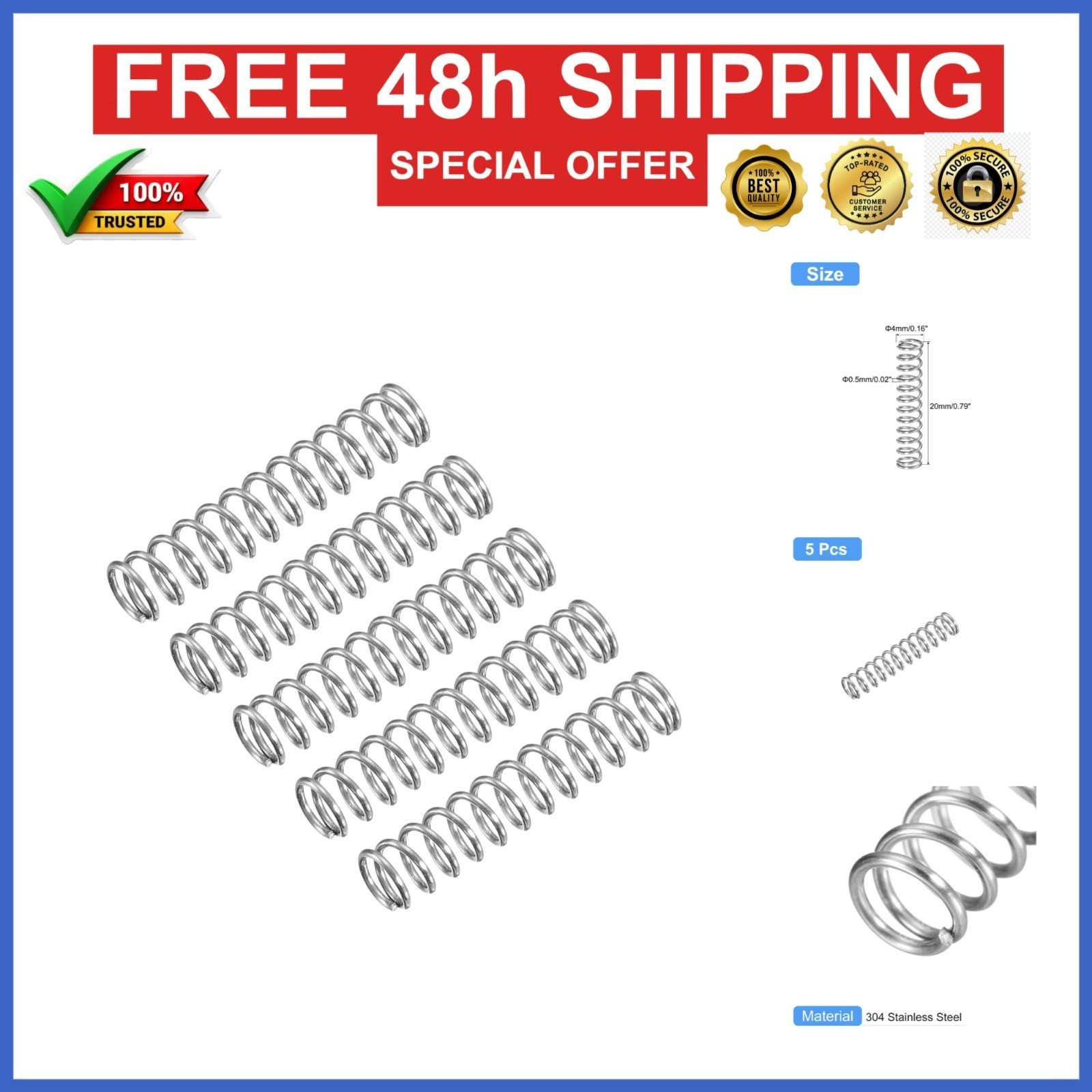uxcell Compression Spring 5Pcs 304 Stainless Steel 4mm OD 20mm Length
