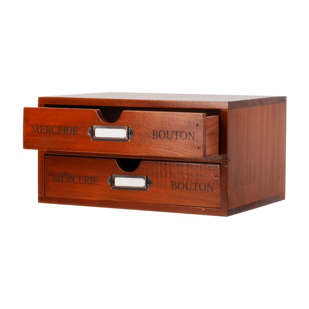 PACKGILO Wooden Storage Box Rustic Desktop Organizer with 2 Drawers Office De...