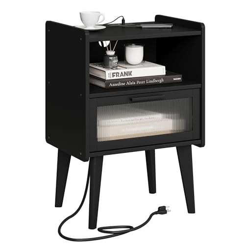 Nightstand with Charging Station, Bedside Tables, End Table Side Table 1 Black