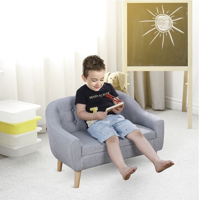Kids Sofa Linen Fabric Wooden 2 Seat Arm Rest Children Lounge Chair Cozy Grey