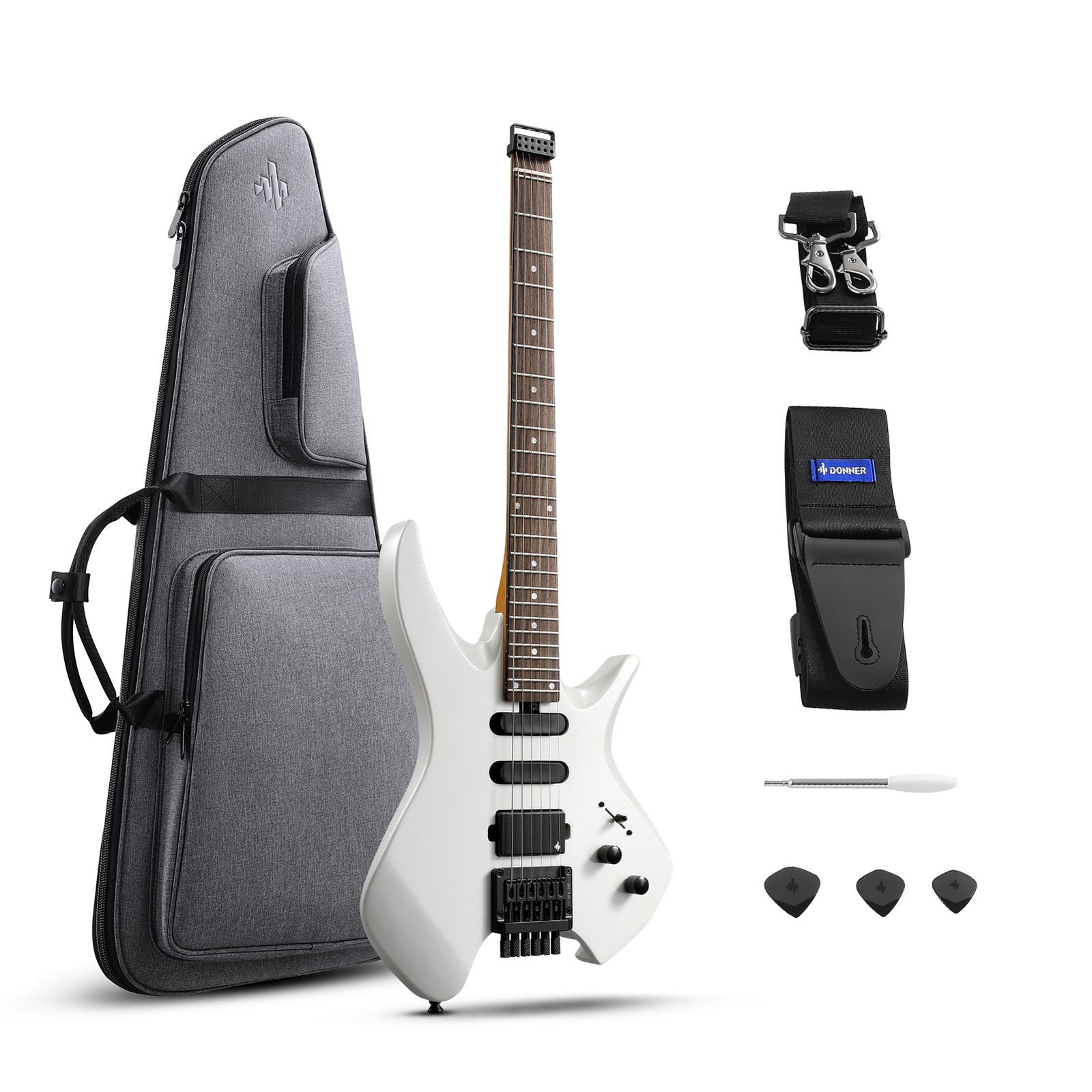 Donner NHL-500 Headless Electric Guitar HSS Pickup With Gig Bag | Metallic White