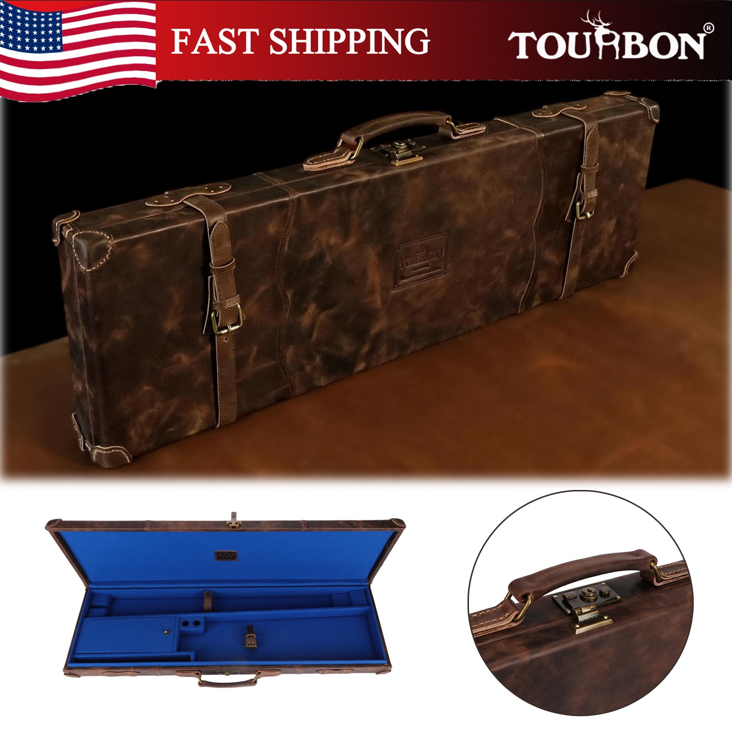 TOURBON Vintage Leather Shotgun Case Hunting Weapon O/U Hard Case w/Lock Gift
