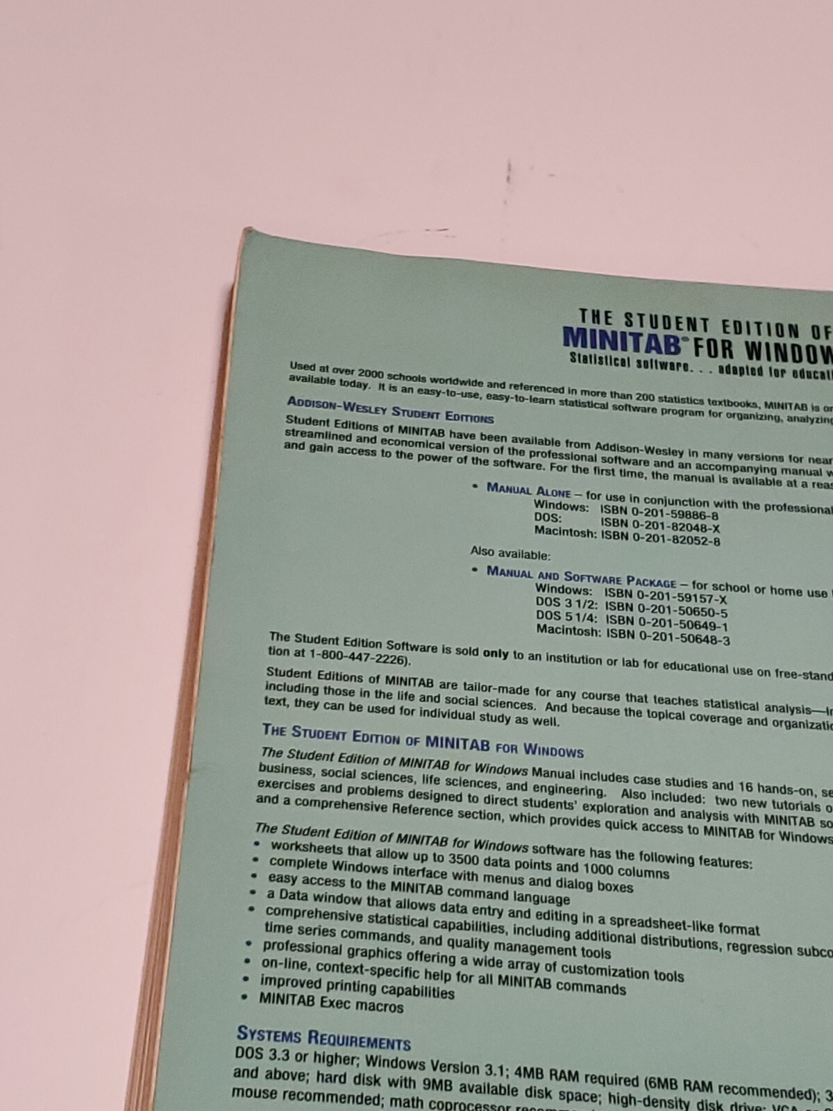 THE STUDENT EDITION OF MINITAB For WINDOWS Statistical Software 3.5 Floppy Book