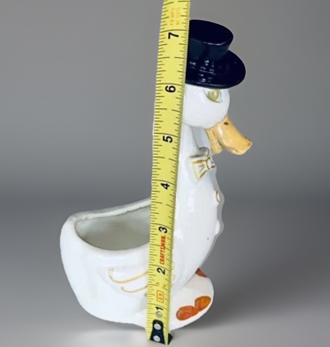 1920s Ceramic dapper duck anthropomorphic planter top hat bow tie 7” Tall