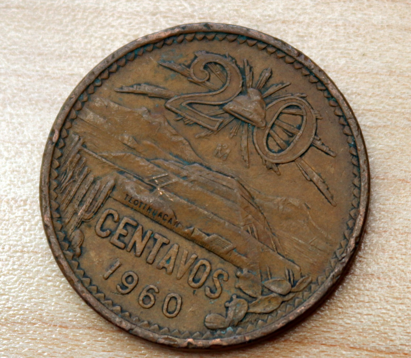 1960 Mexico 20 Centavos Pyramid of the Sun