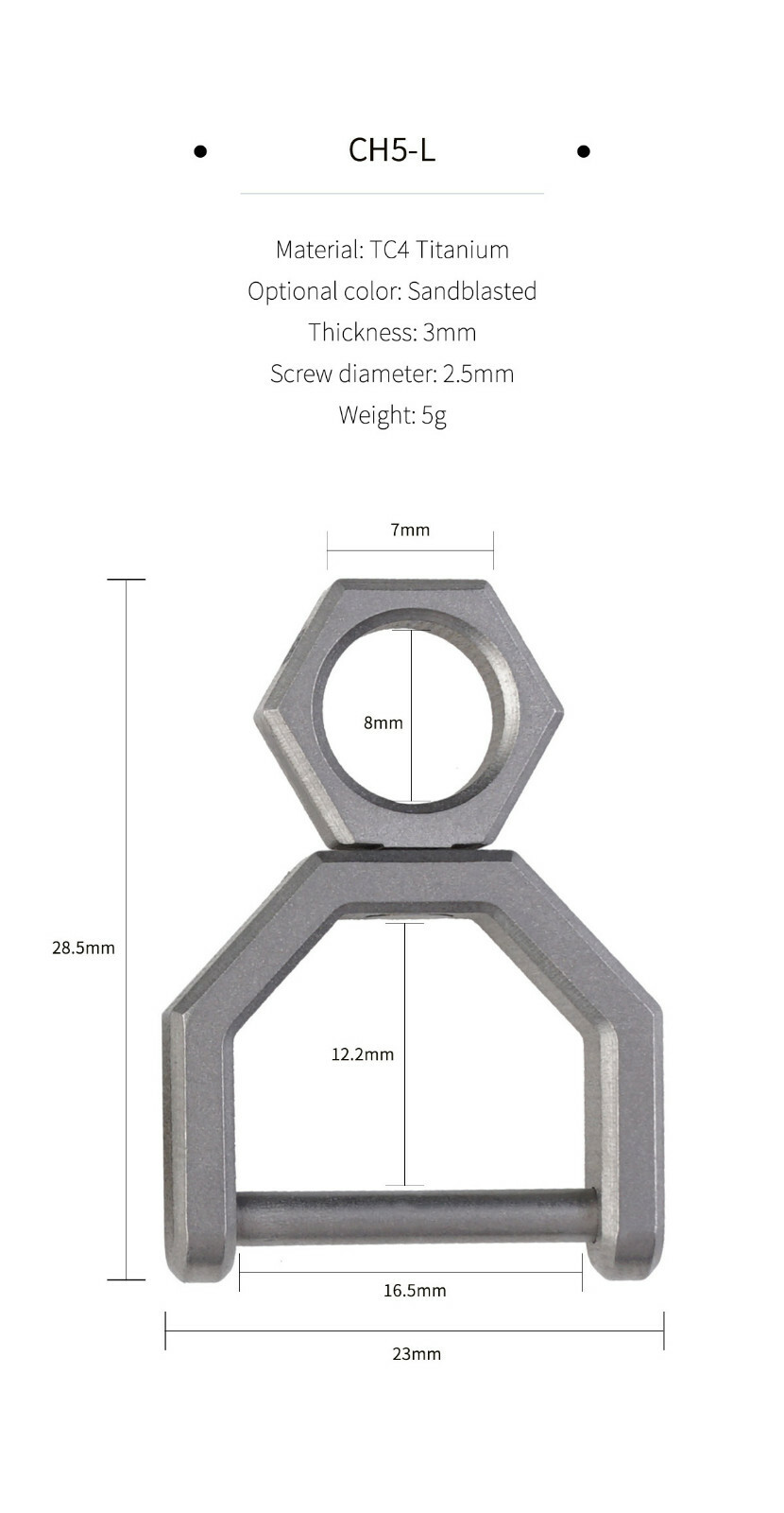 MecArmy CH5-M TC4 Titanium Alloy Mini Tiny Rotatory D Shape Key ring-Sandblasted