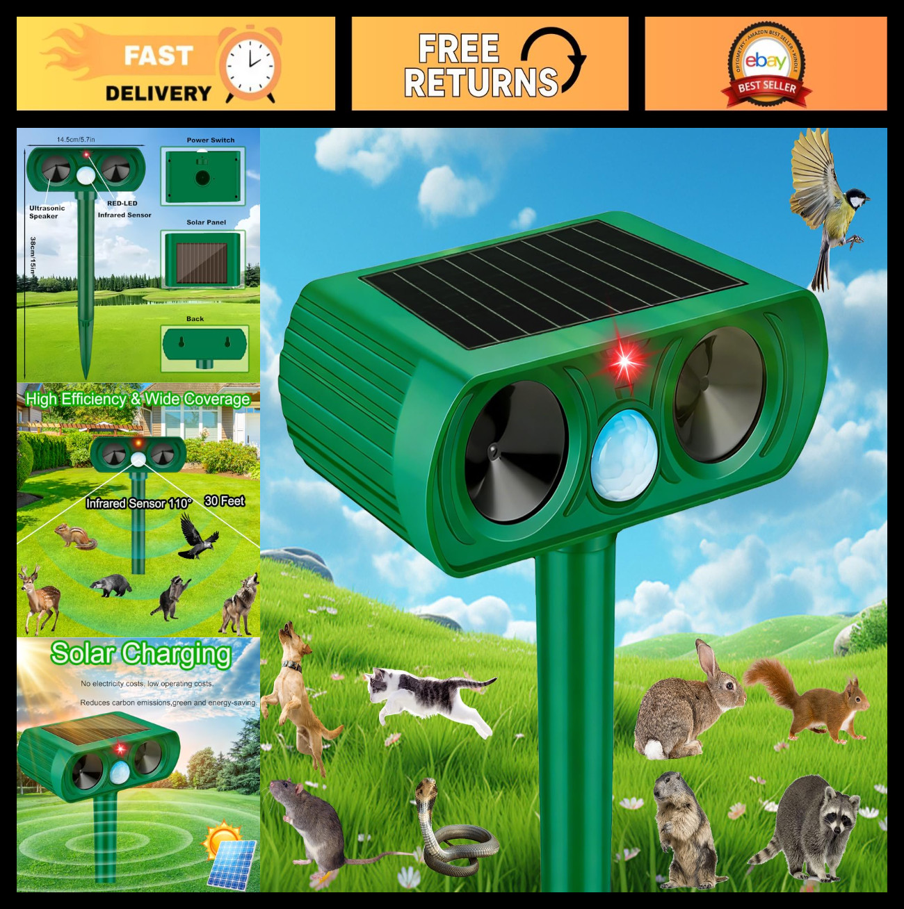 Solar Ultrasonic Animal Repellent with Motion Sensor - Waterproof Cat & Dog Dete