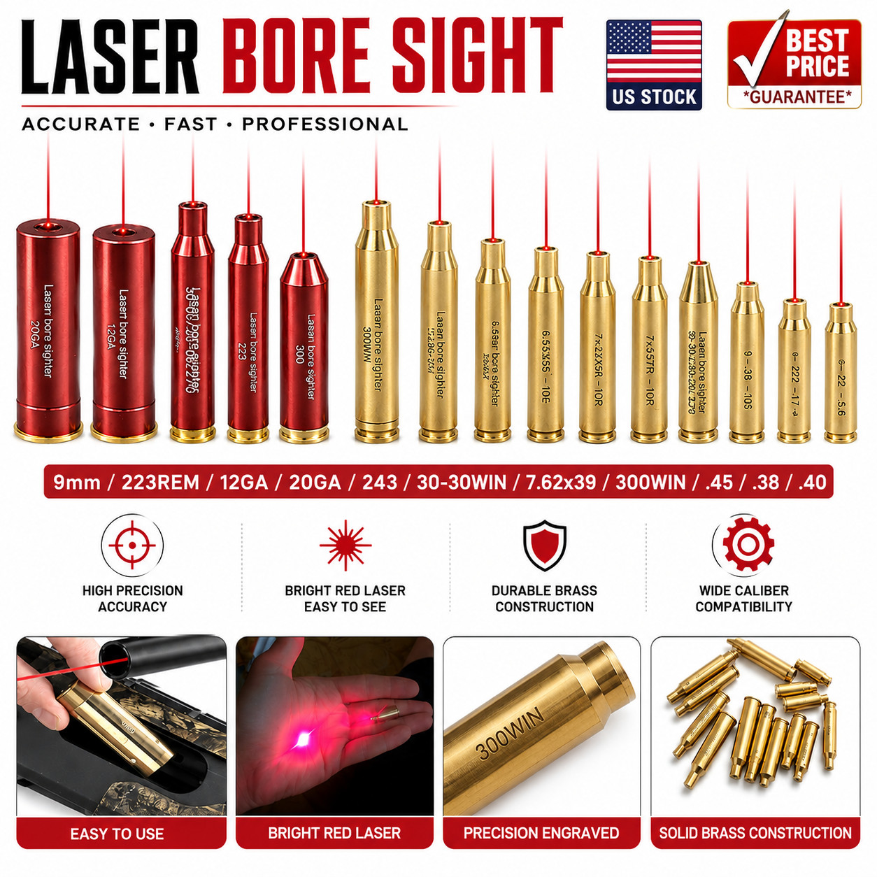 Laser Bore Sight BoreSighter Gun Red Dot Laser Cartridge Many Calibers Available
