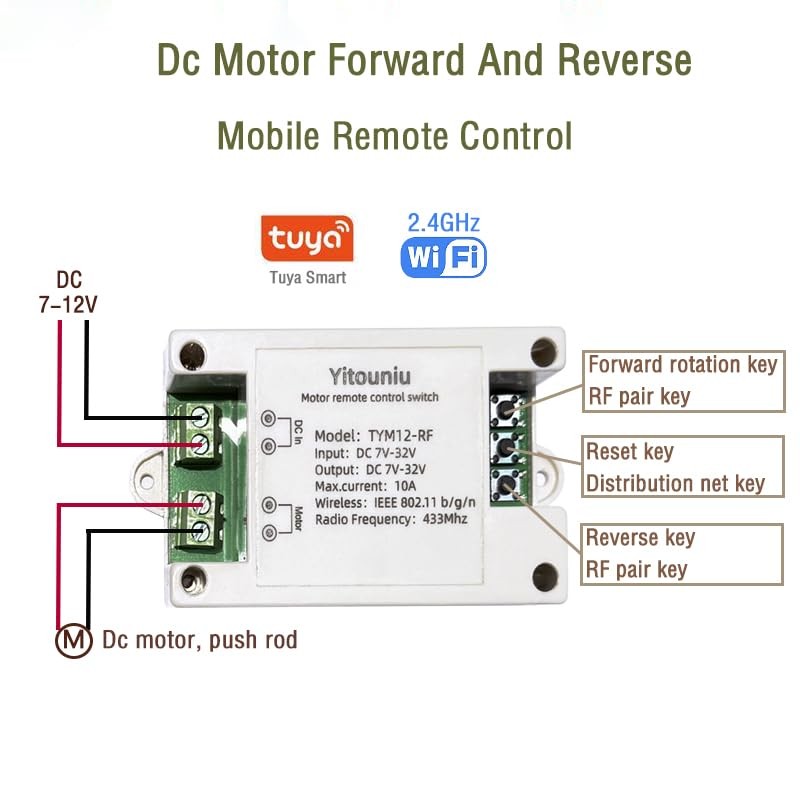 Tuya Smart WiFi/Bluetooth DC Motor Controller 10A 7-32V Reversible Switch with