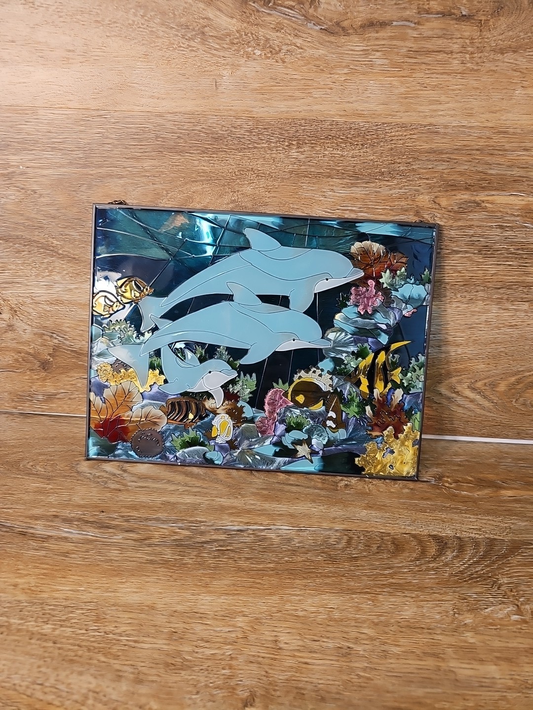 Dolphin Glass Sun Catcher 3 Dolphins Underwater Scene 12.25" × 9.5" Read