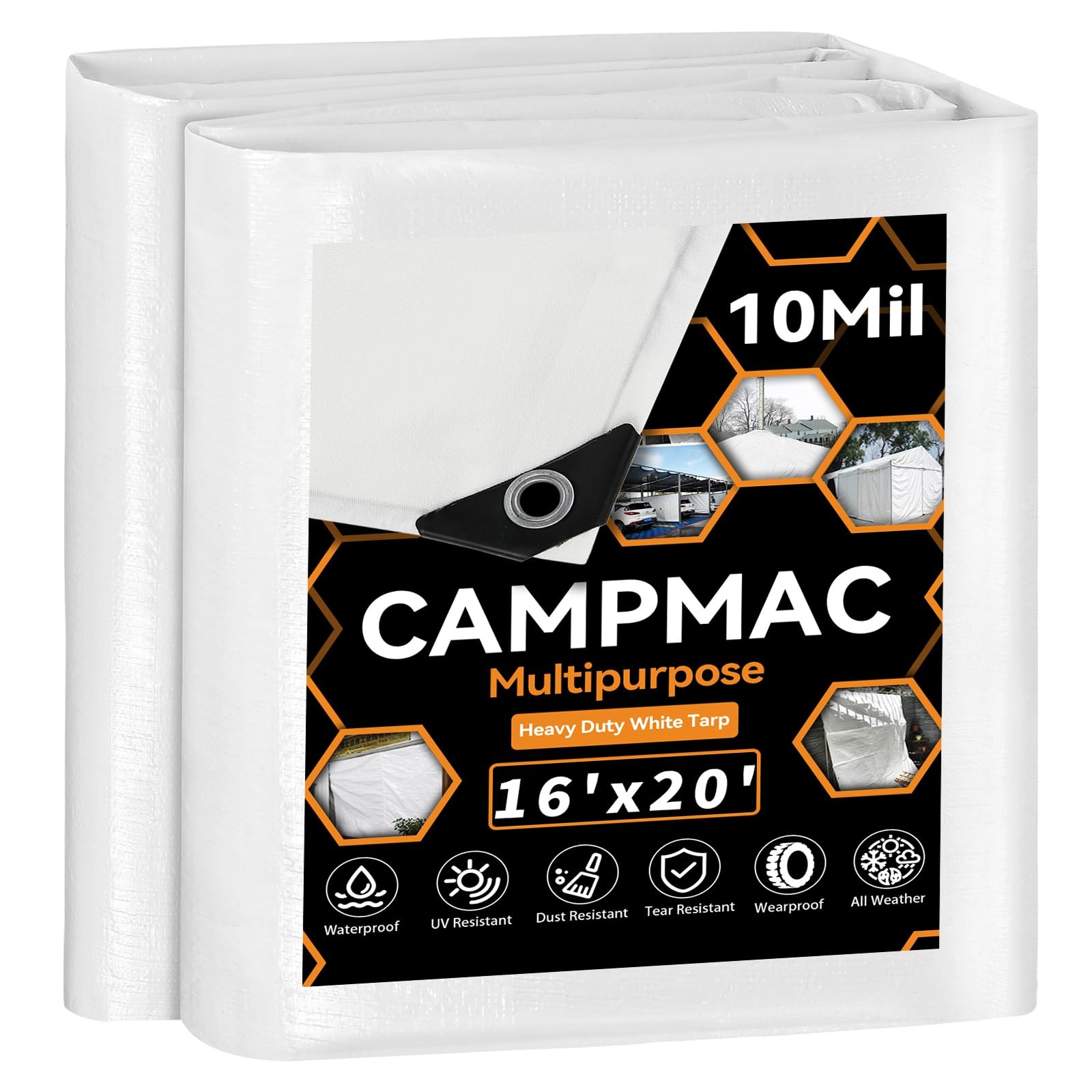 CAMPMAC White Heavy Dut Waterproof Tarp 16' x 20', 10 16 Ft x 20 Ft,