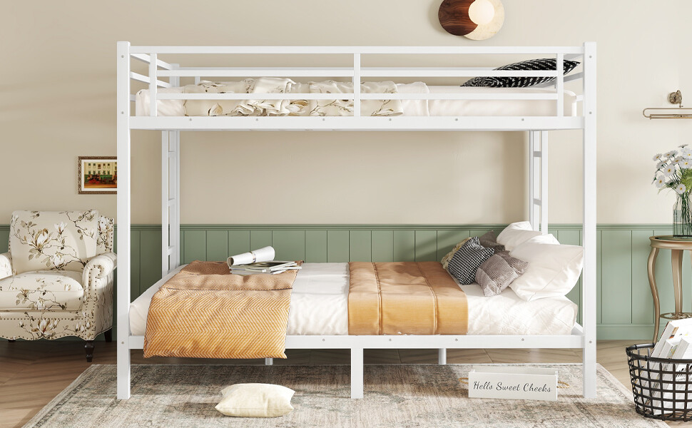 Metal Queen over Queen Bunk Bed Frame for Teens and Adults Space-Saving White