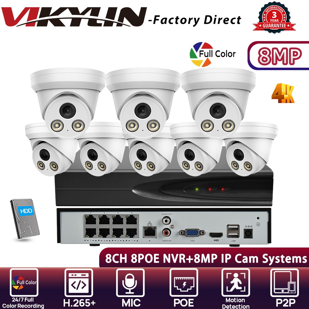 VIKYLIN 8CH 8POE NVR CCTV Systems Turret 24h Full Color 8MP 4K IP CAMERA MIC Lot