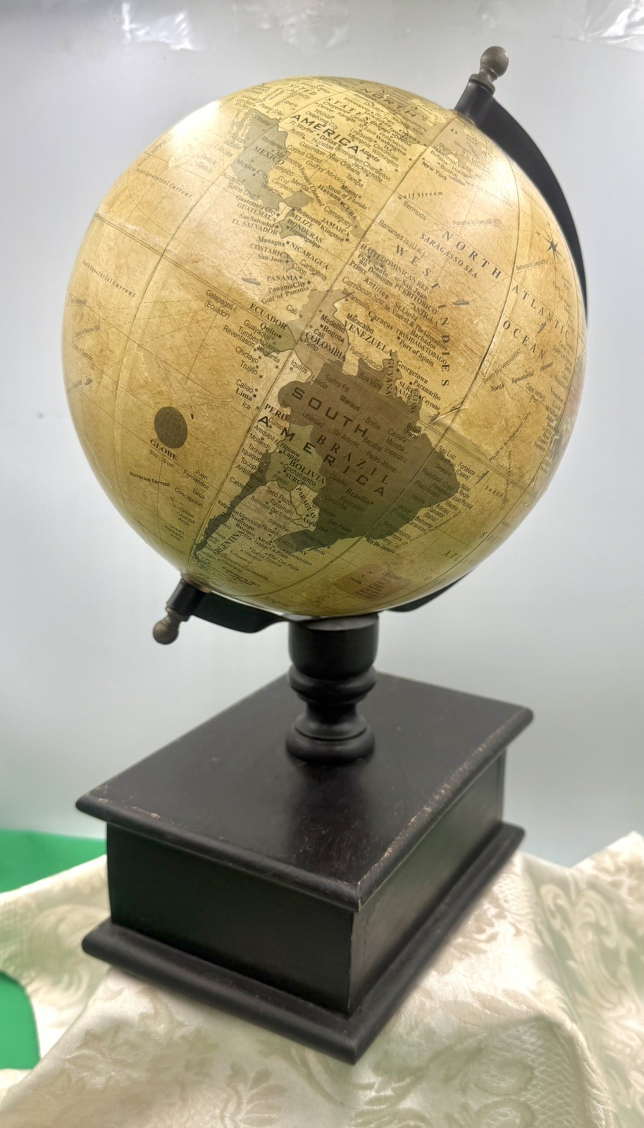 Decorative 16" World Globe with Rustic Wood Open Drawer
