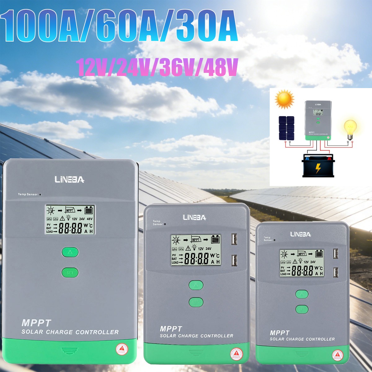 MPPT Solar Panel Battery Charge Controller 12V/24/36/48V LCD Regulator 30-100A