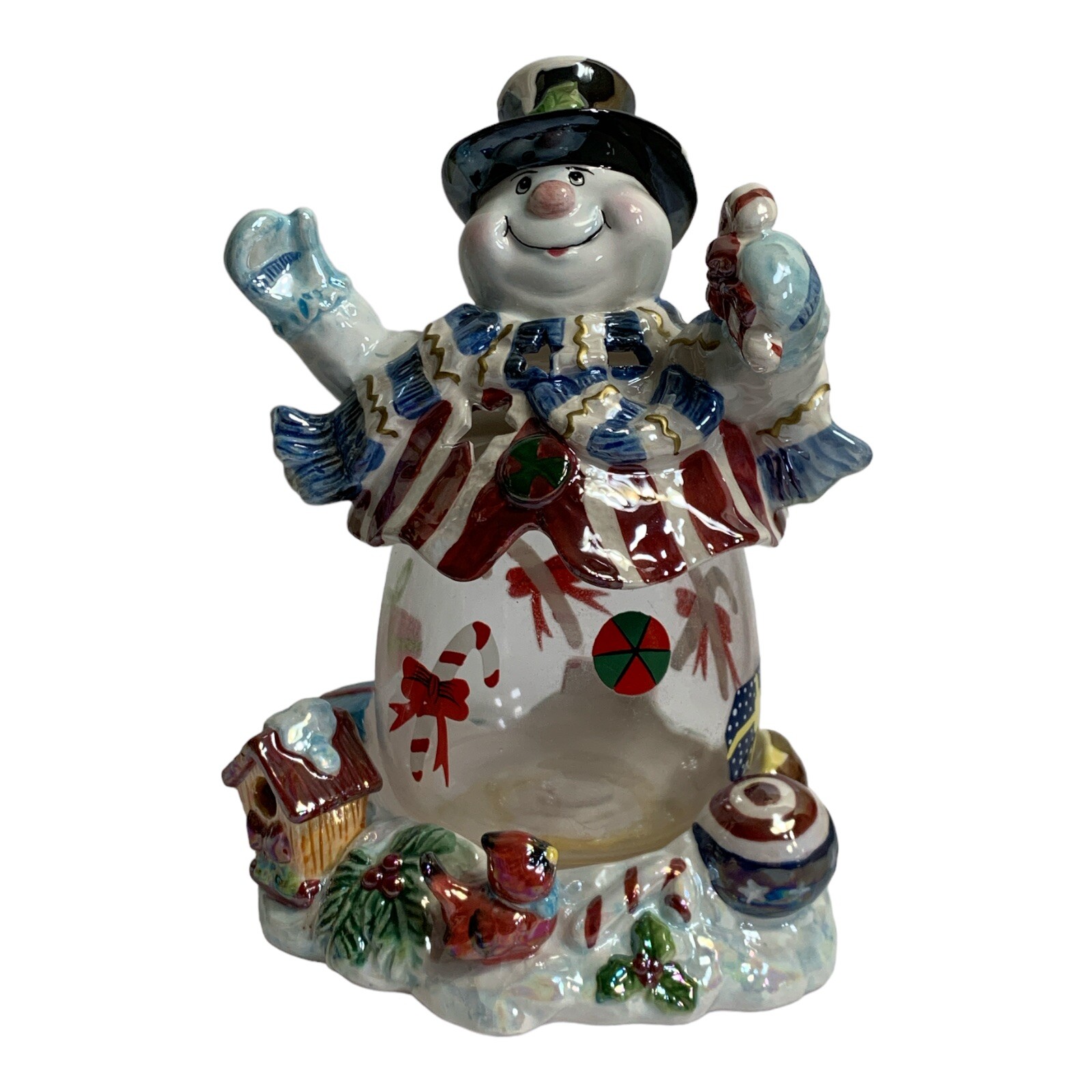 Christmas Ceramic Snowman Tealight Holder Glass Bottom Cardinal USA 2 Pieces