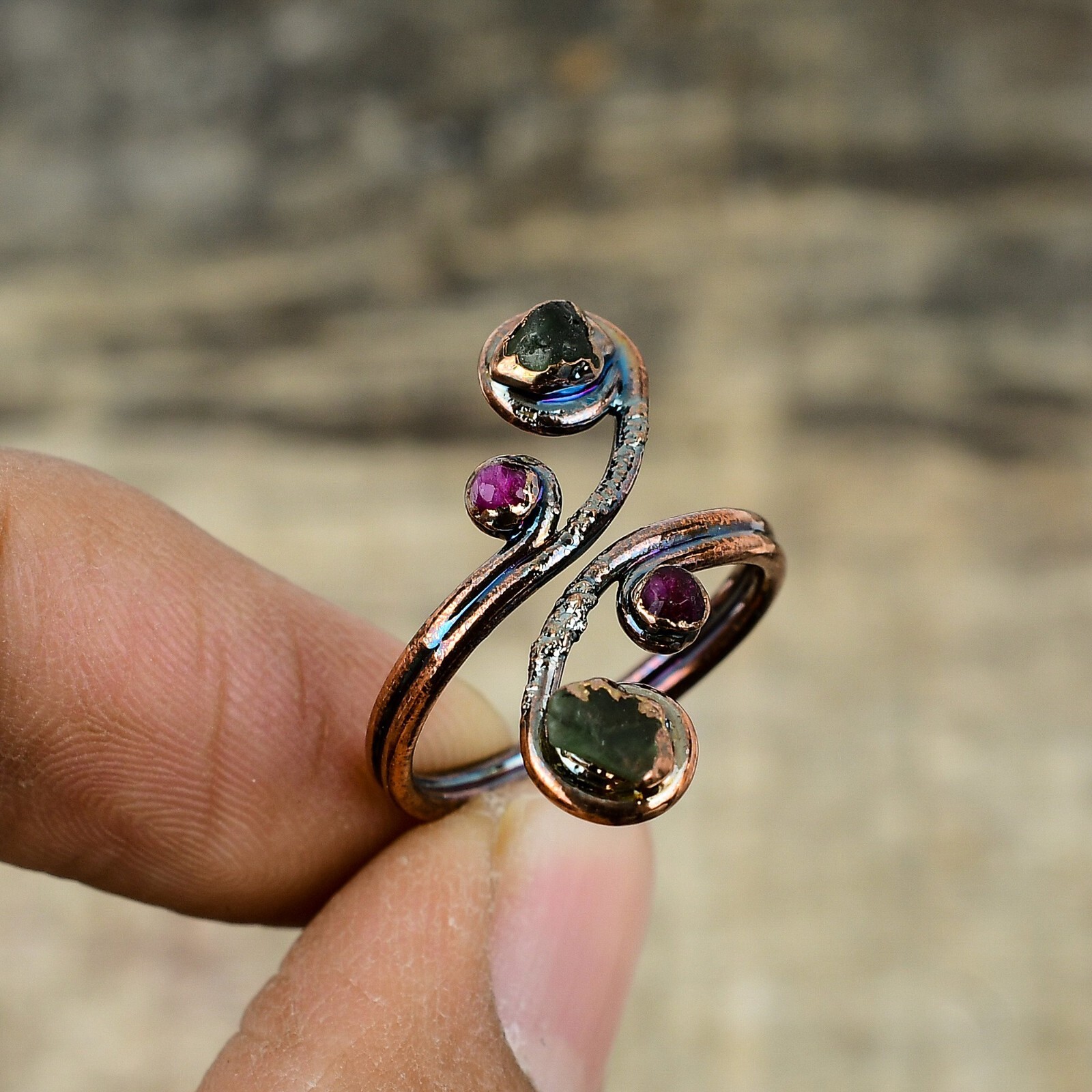 Multi Tourmaline Rough Copper Electroformed Adjustable Ring Size Adjustable