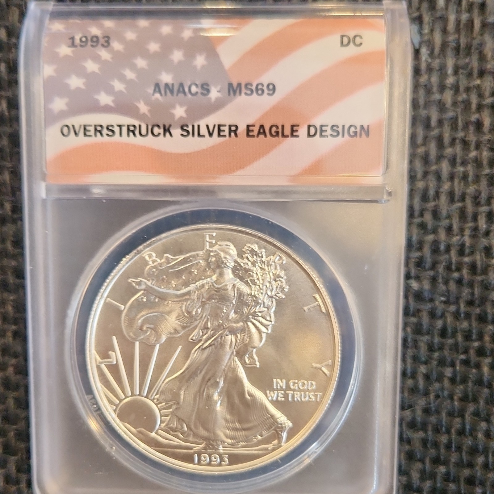 1993 Dan Carr Silver Coin Overstruck Eagle Design ANACS MS69 .999 Fineness