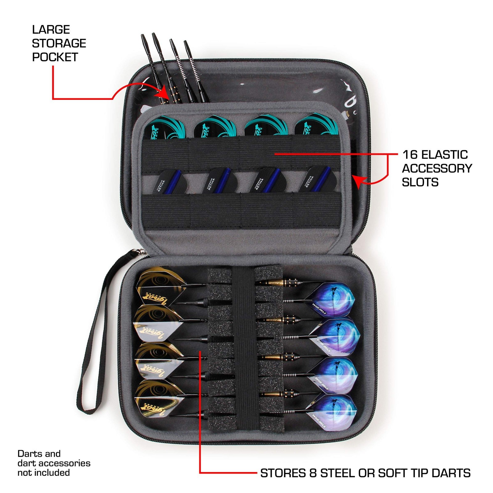 Hard Shell Dart Case - Protective Storage for 8 Darts, Tips, Flights & Accessori