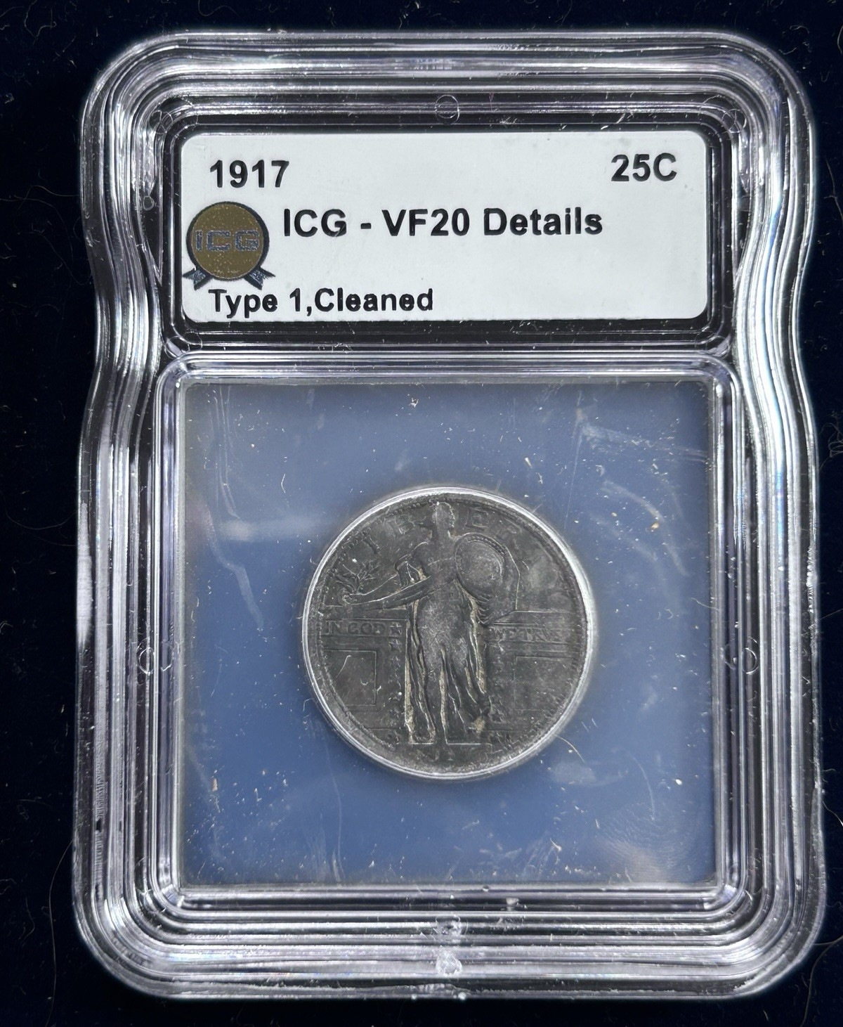 1917 Standing Liberty Quarter 25C Type 1,  90% Silver ICG VF20, details cleaned