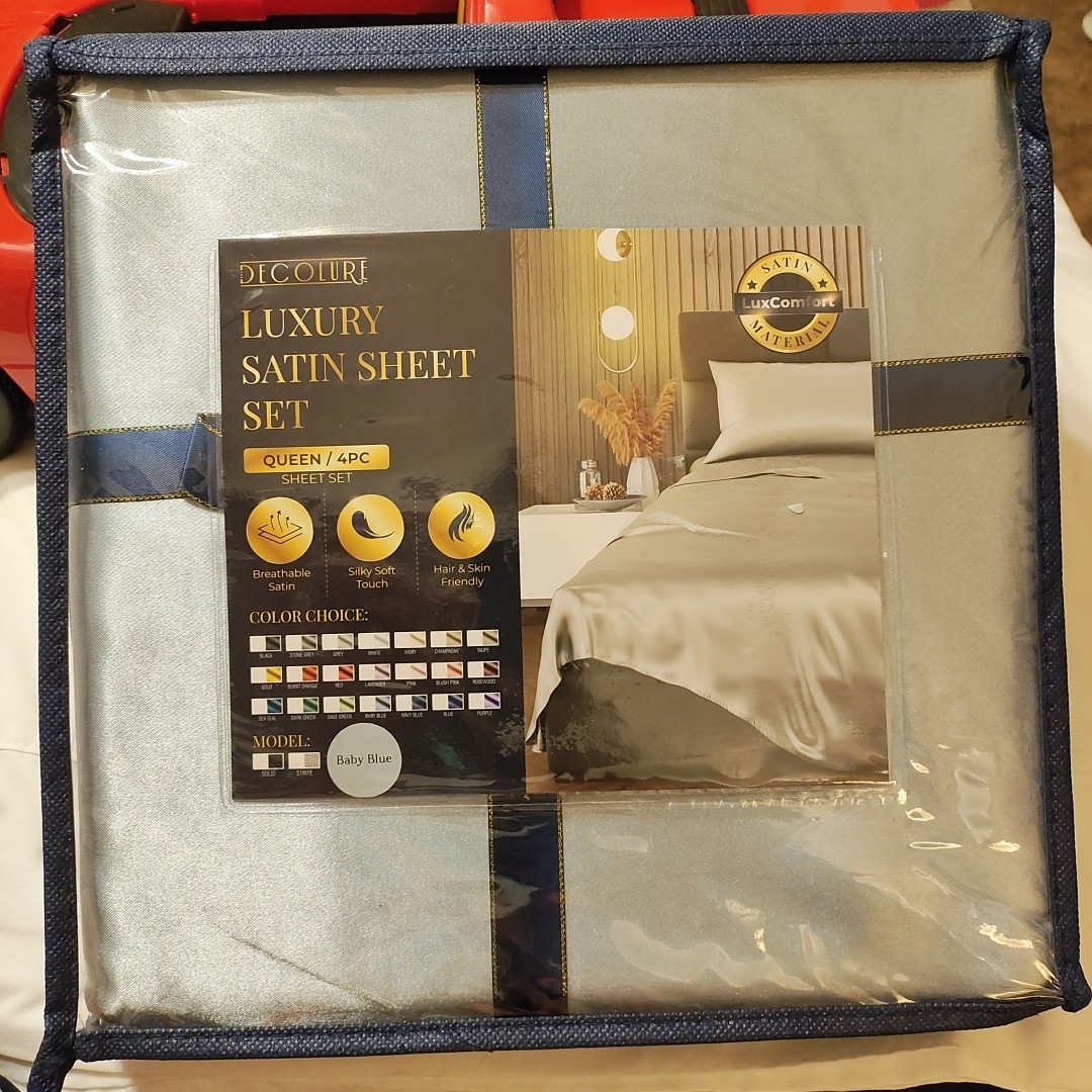 DECOLURE LUXURY SATIN SHEET SET QUEEN BABT BLUE 4 PIECES BRAND NEW SEALED