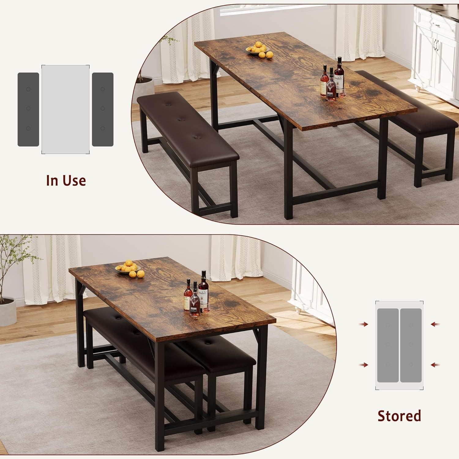 3-Piece Dining Table & Chairs Set – Extendable 47-63", Durable, Compact Design