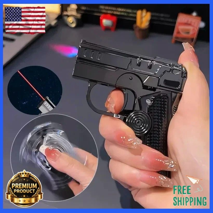 Metal Folding Gun Style Inflatable Lighter Windproof Butane Gas Jet Red FlameTOP