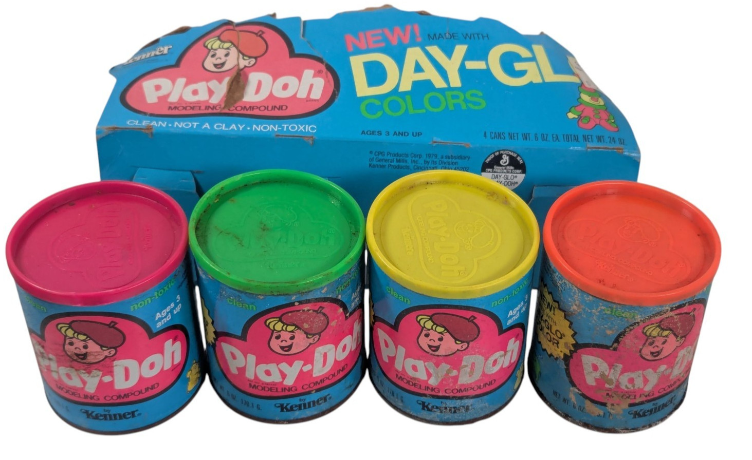 VTG 70s Kenner Play Doh Can Day Glo Full Set of 4 Package Complete CIB HTF 1979