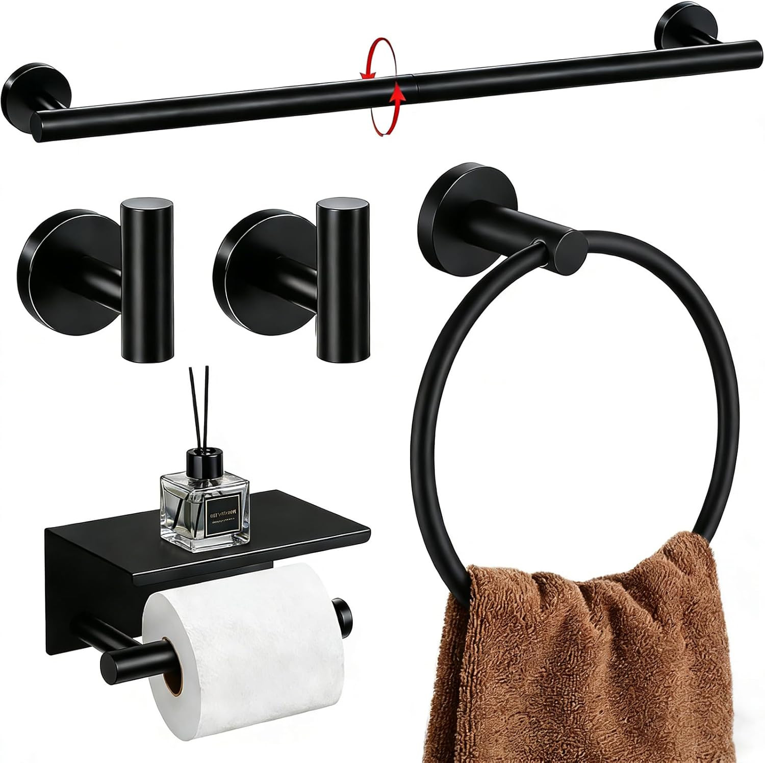 5-Piece Matte Black Bathroom Accessories Set, 24-Inch Wall-Mounted Towel Bar, To