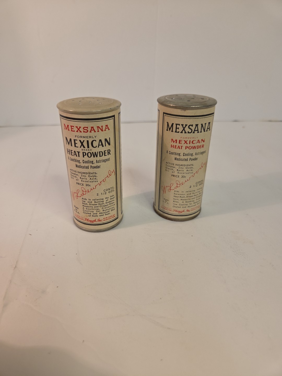 Vintage Mexsana Formerly Mexican heat powder. TWO containers, Plough Inc, NY