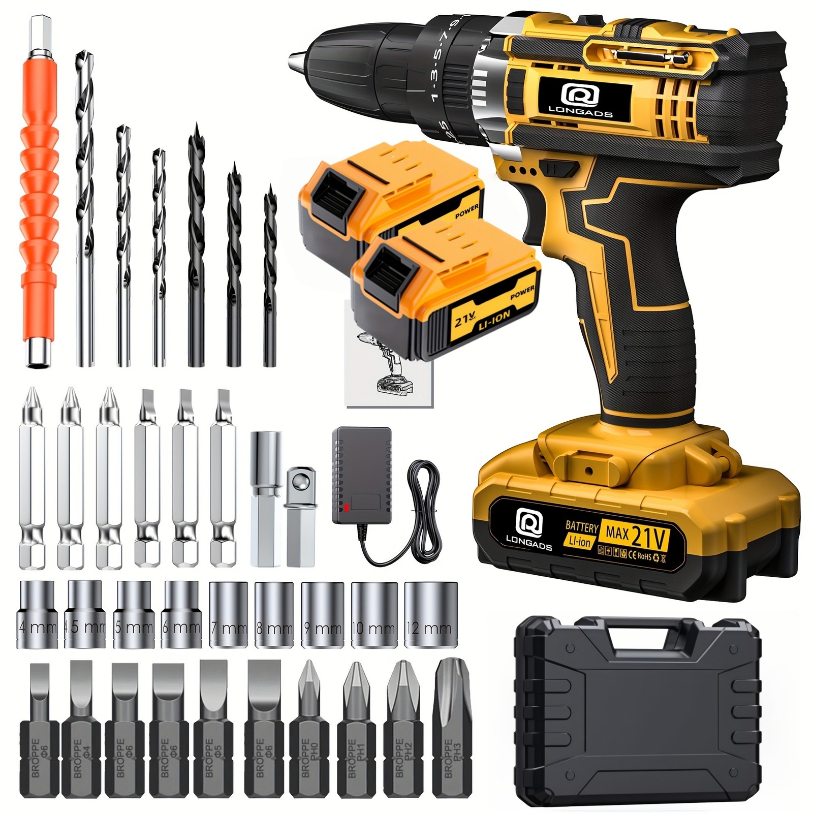 Cordless Impact Wrench 21V Power Impact Driver Kit 1/2" 2 Batteries Accessories