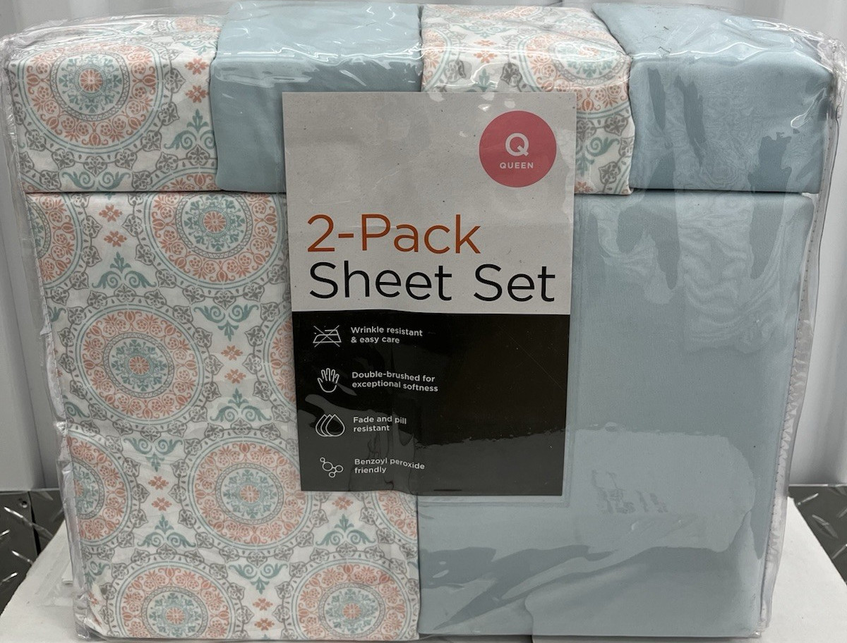 Queen 2-Pack Sheet Set Blue Medallion Microfiber Wrinkle Fade Pill Resistant
