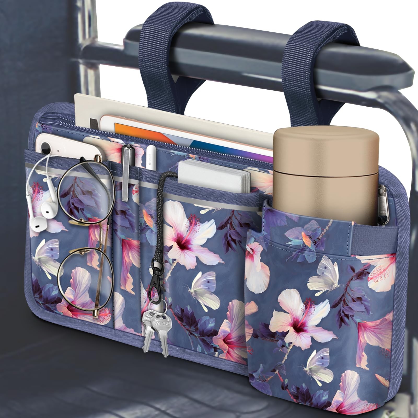 FINPAC Wheelchair Side Bag with Cup Holder, Wheelchair Armrest Pouch | Water-res