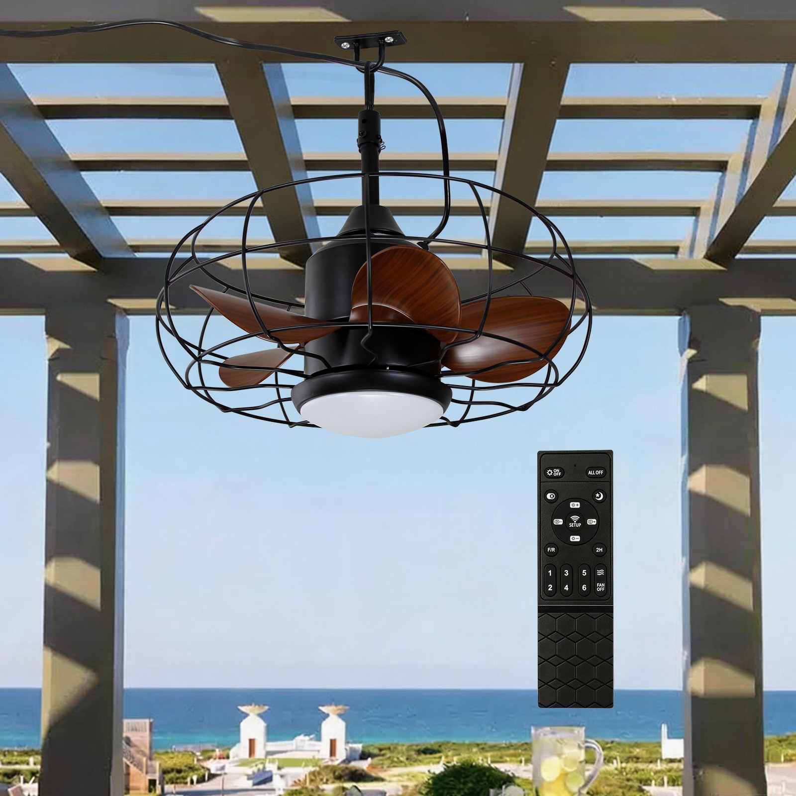 Outdoor Caged Ceiling Fan with Light 20 In Plug-in Waterproof Gazebo Porch Fan