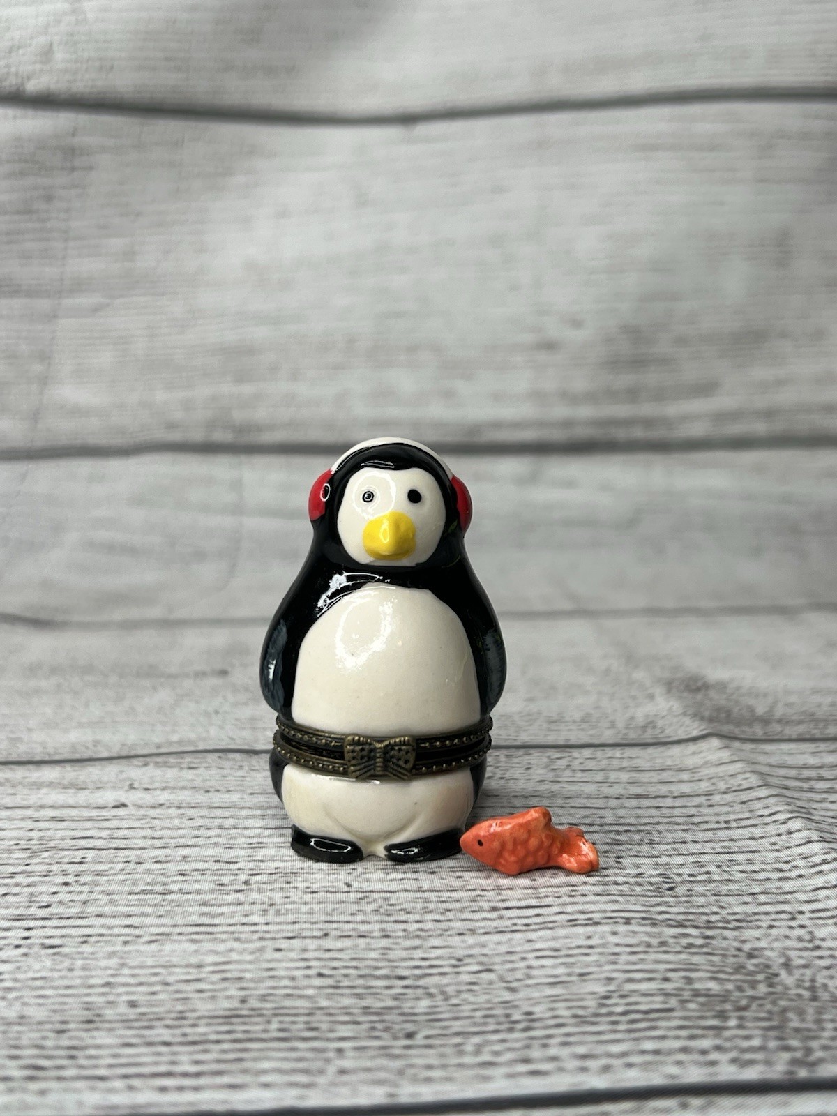 VTG PHB Style Penguin W/ Earmuffs Porcelain Hinged Trinket Box W/ Fish Trinket