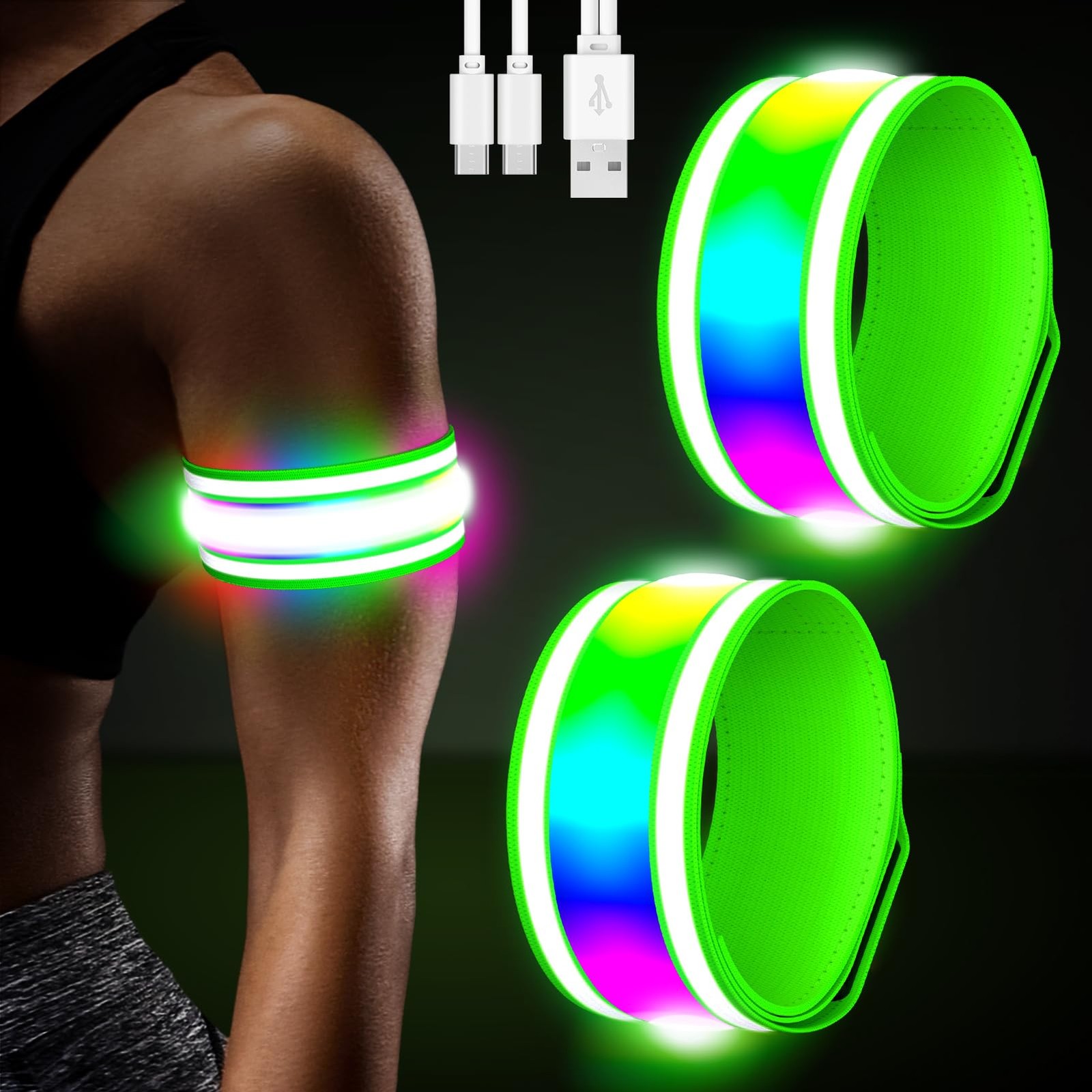 LED Armband Rechargeable for Running(2 Pack),Light Up Arm Bands Green, Green