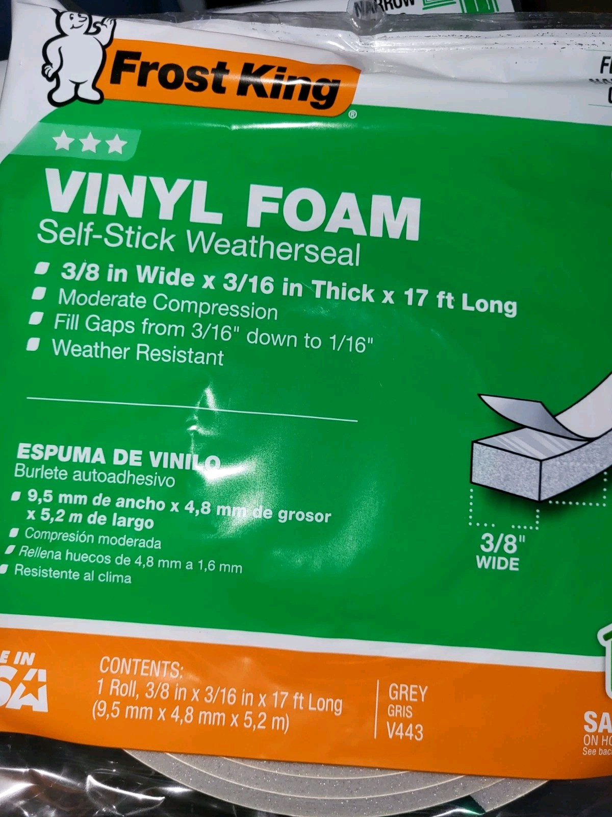 Frost King Weather Stripping Gray Foam 3/8" 3/16-17' Self Adhesiv
