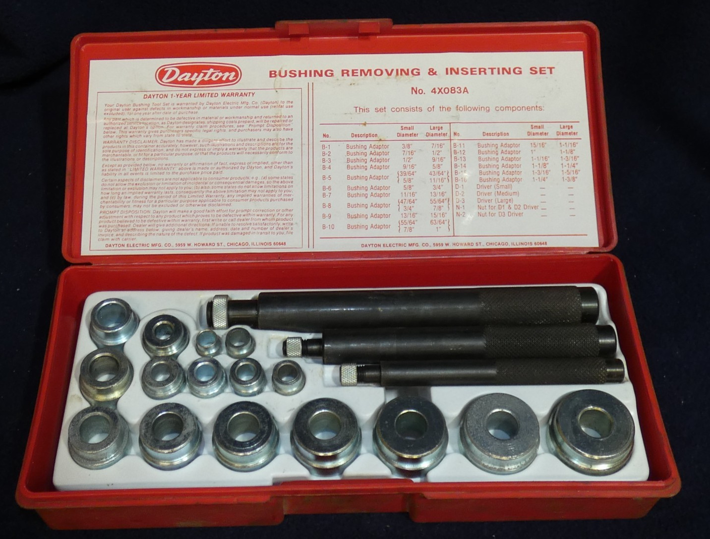 Dayton 4X083A Hand Tool Bushing Removing & Inserting With Box #BS