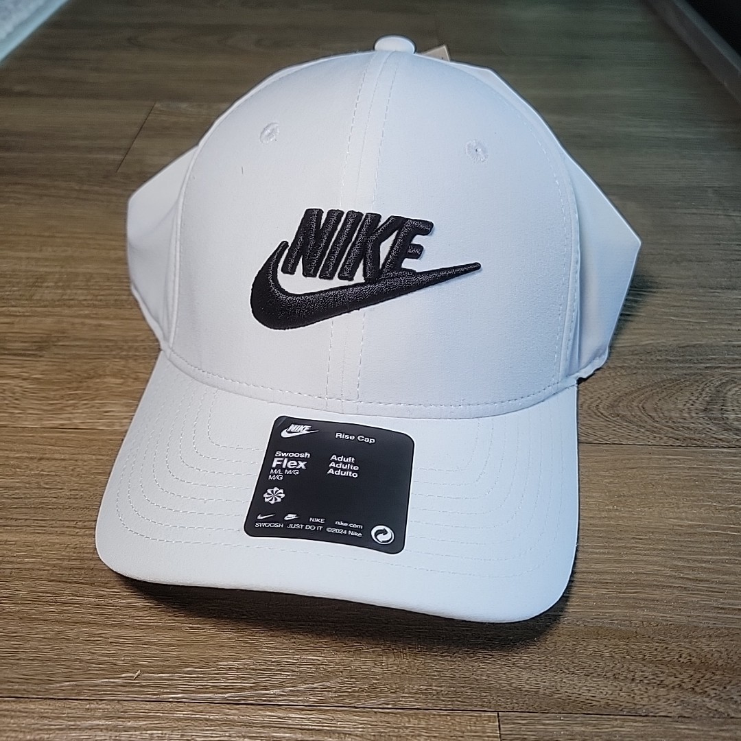 Nike Rise Hat Cap, Swoosh Flex, White & Black Adult Unisex Size M/L