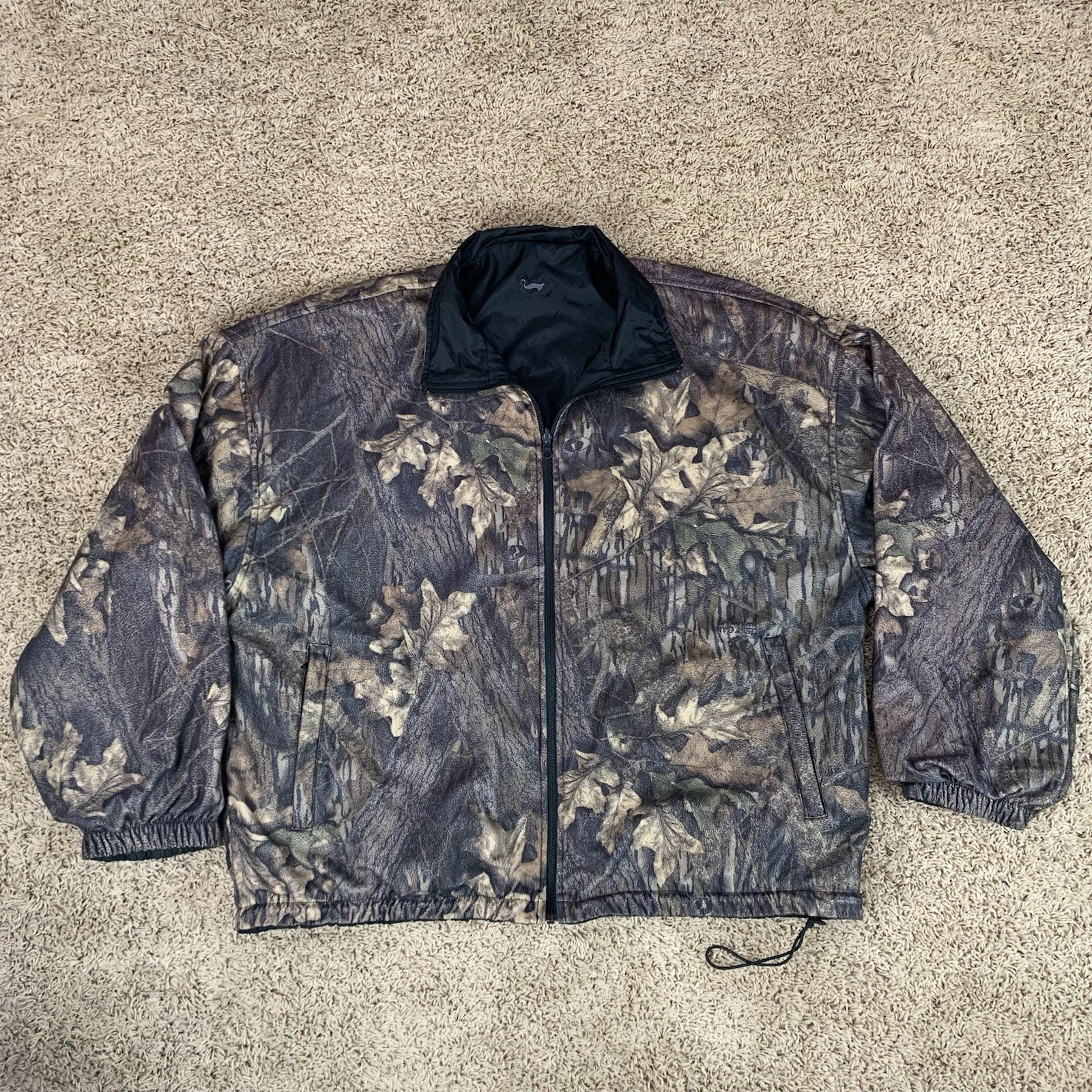 Vintage Camo Mossy Oak Jacket Mens XL Reversible Full Zip Fleece Hunting Black
