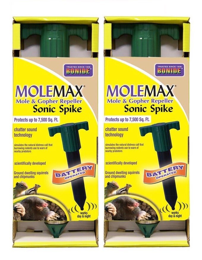 2 ~ Bonide MoleMax Moles & Gophers Repeller Sonic Spike Battery Operated 1 Spike