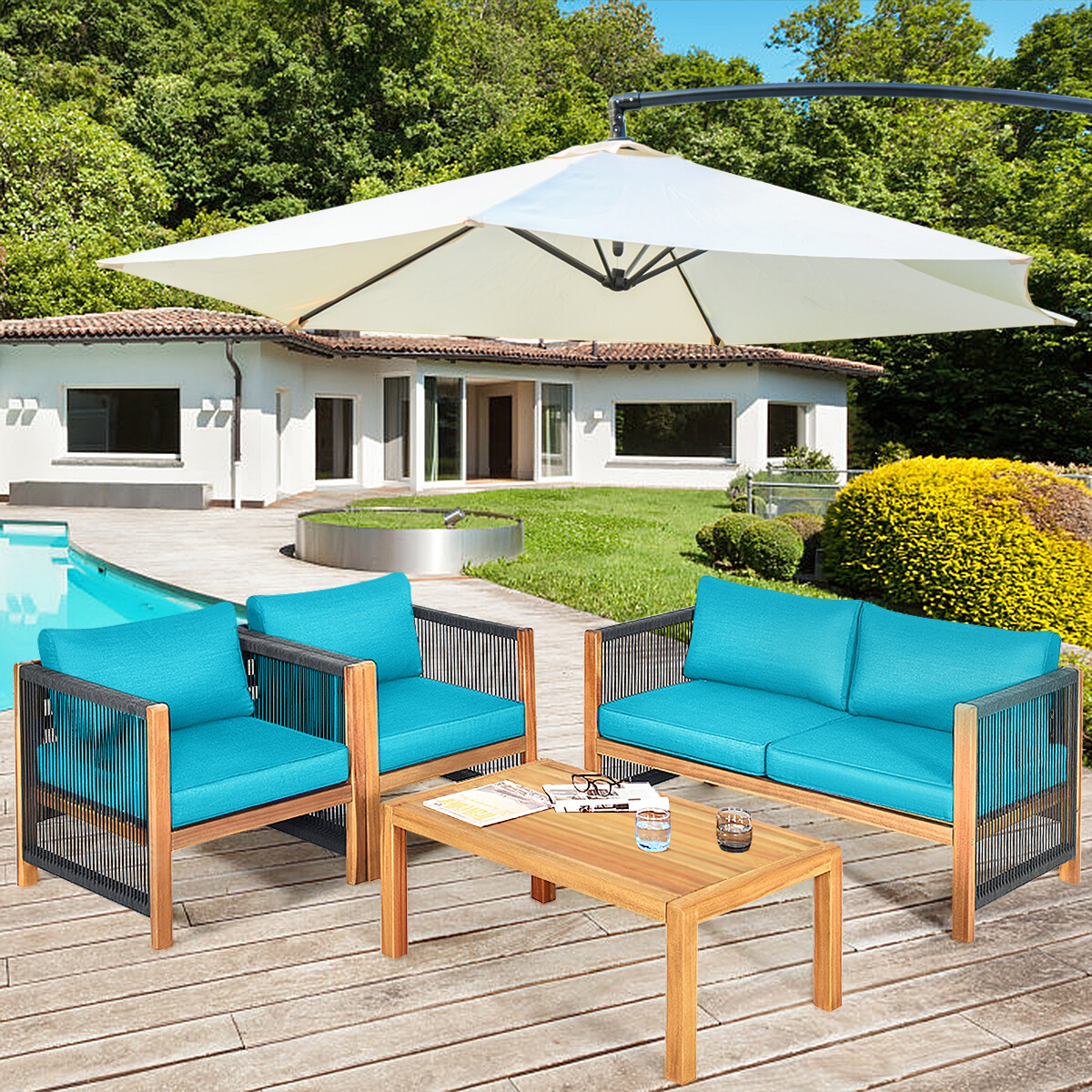 Patiojoy 4-Piece Outdoor Patio Wood Conversation Furniture Set Padded Chair