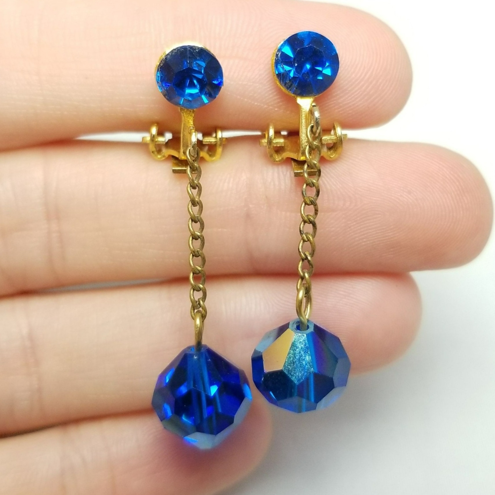 Vintage Blue Dangle Clip On Earrings, Beaded Rhinestone Gold Tone setting