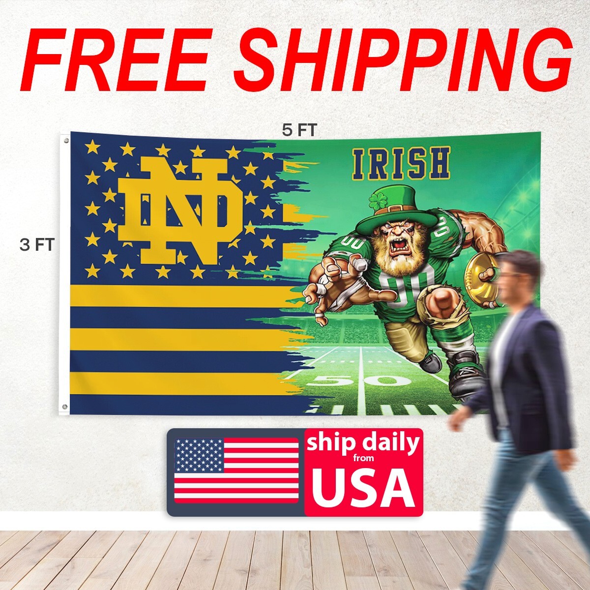 Notre Dame FLAG 3X5 Banner Fighting Irish Football NCAA NEW Mascot FREE Shipping